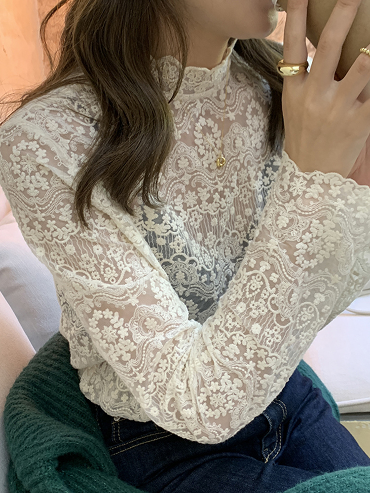 レース 服 花柄刺繍レースハイネックブラウス