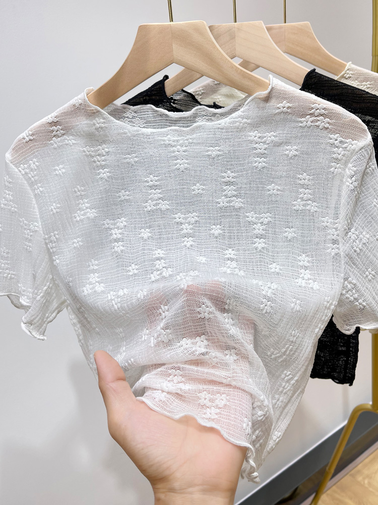 レース 服 花柄透かし編み半袖レーストップス