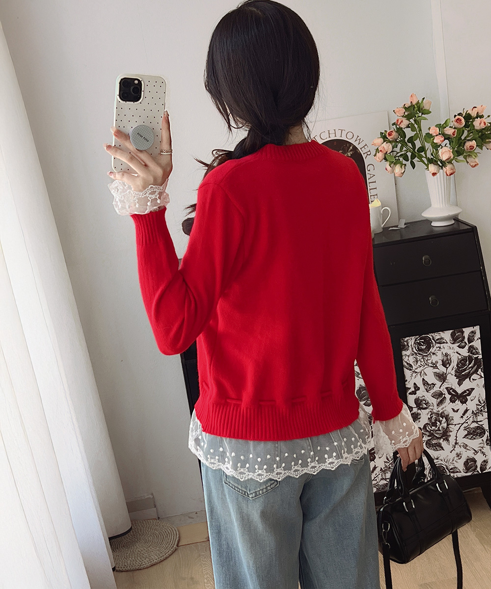 レース 服 レース切替ニットカーディガン長袖秋冬