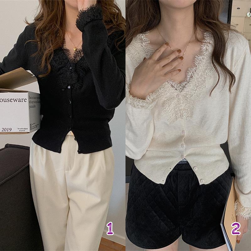 レース 服 レディース長袖レース襟ニットカーディガン 2色