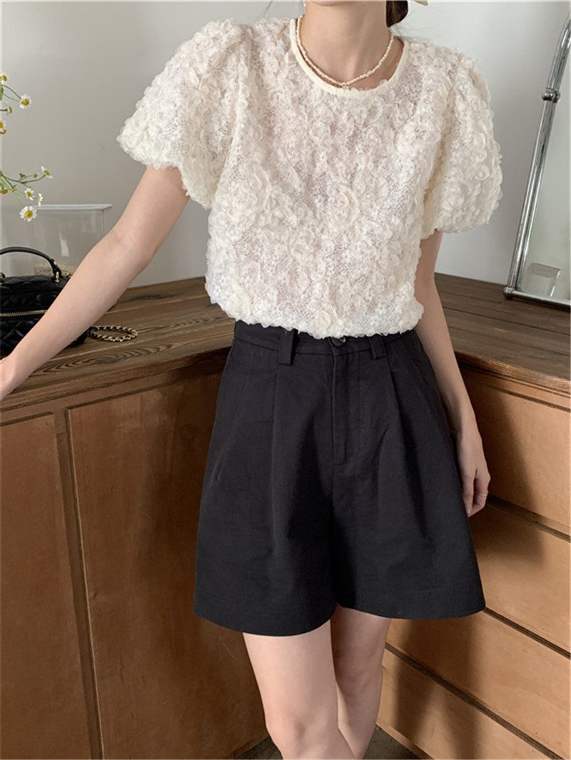 レース 服 レース丸首半袖トップス体型カバーふんわり袖レディース