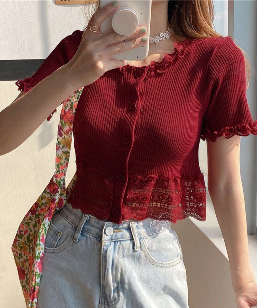 レース 服 フリル袖口レースカーディガン ショート丈ニット