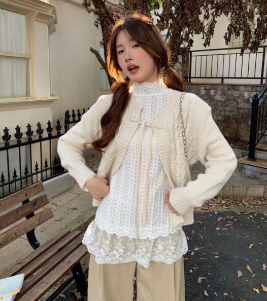 レース 服 秋冬レディース長袖ニット レース裾重ね着風トップス