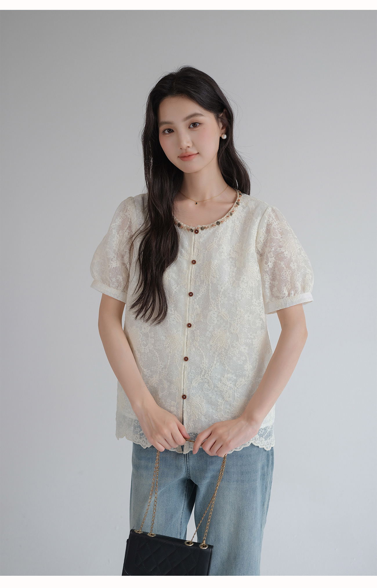 レース 服 花刺繍宝石襟パフスリーブレースブラウス