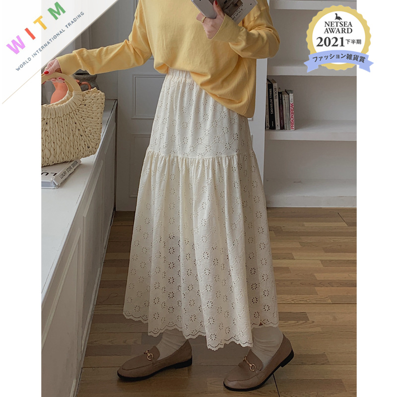 レース 服 透かし彫りレーススカート ロング丈フレア ティアード
