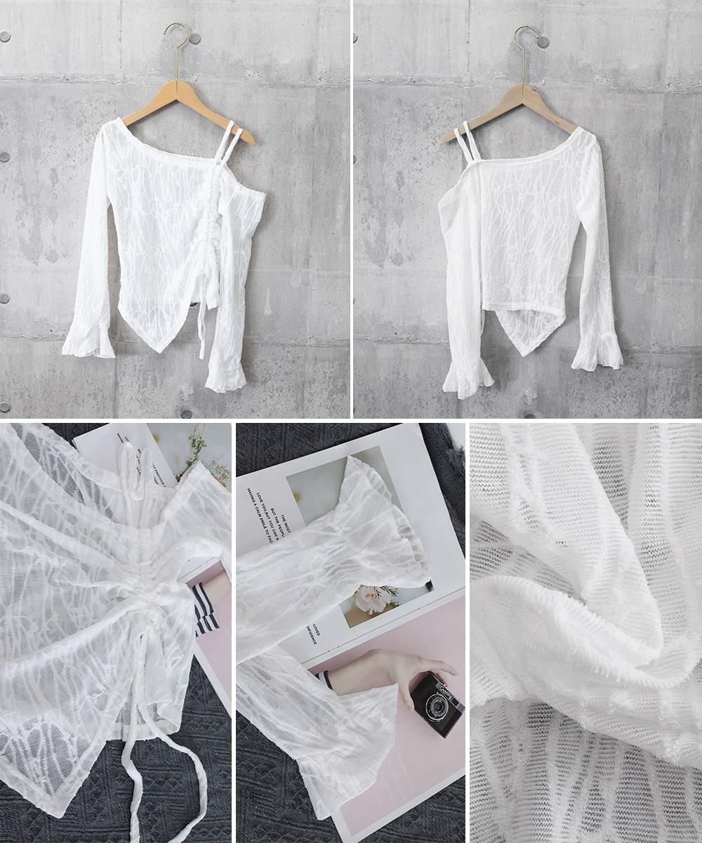 レース 服 ワンショルダーレーストップス肩出しギャザーデザイン