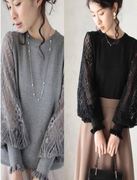レース 服 秋冬新作レース袖ニットセーター上品カジュアルトップス