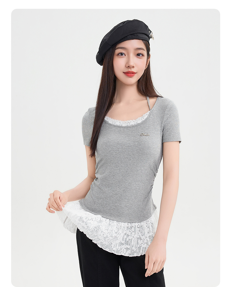 レース 服 レース裾フリル半袖リブトップス