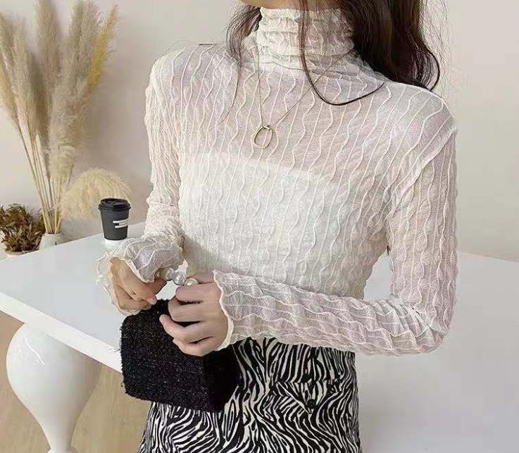 レース 服 レース ハイネック 長袖 インナー トップス 韓国風 伸縮性