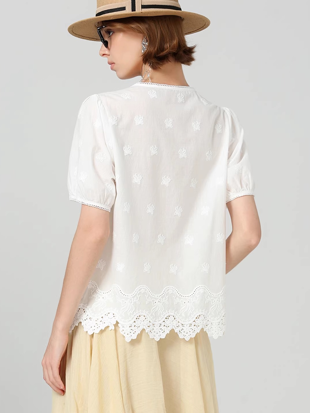 レース 服 花刺繍パフスリーブレースブラウス