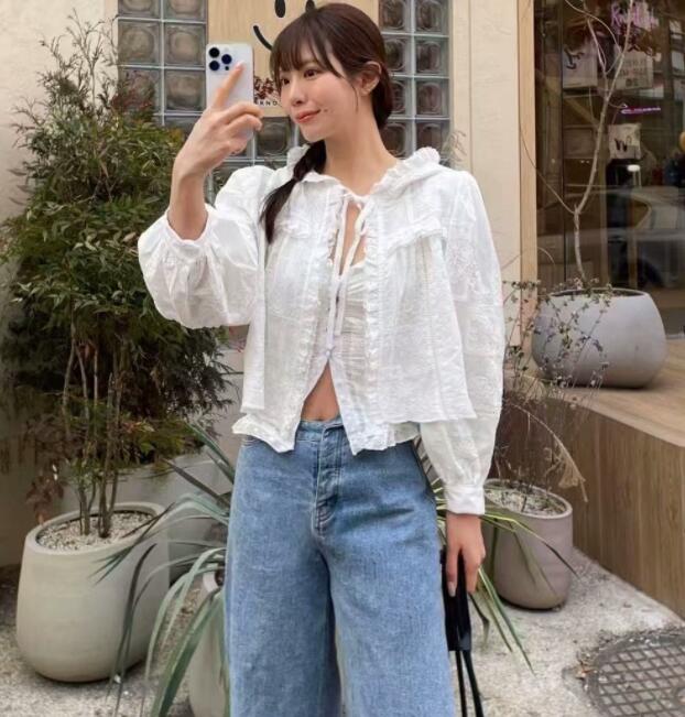 レース 服 秋冬レースフード付き長袖シャツ白色透け感トップス