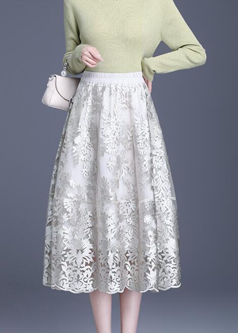 レース 服 花柄刺繍レーススカート ハイウエスト ミディ丈