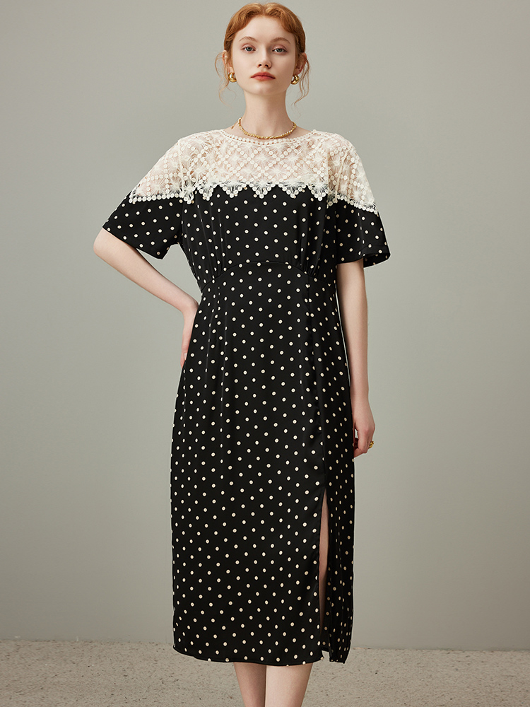 レース 服 レース切り替え水玉スリットワンピース