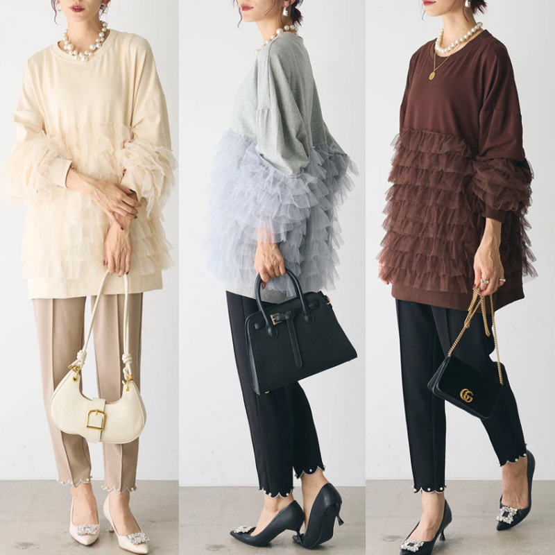 レース 服 春新作 レース重ねフリル袖 体型カバー トップス レディース