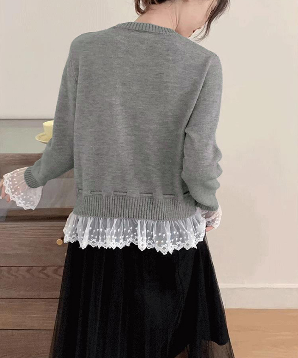 レース 服 レース切替ニットカーディガン長袖秋冬