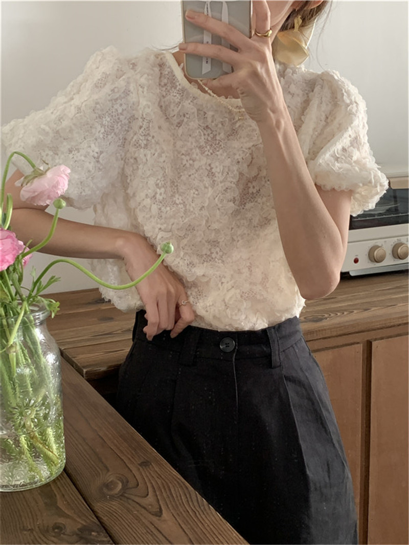レース 服 レース丸首半袖トップス体型カバーふんわり袖レディース