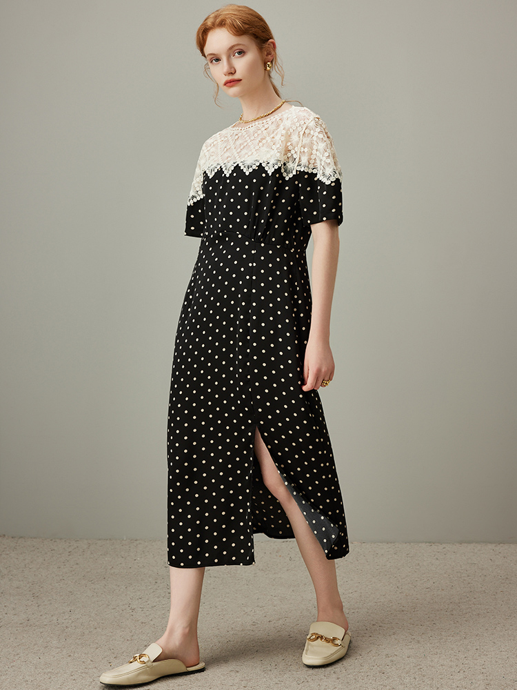 レース 服 レース切り替え水玉スリットワンピース