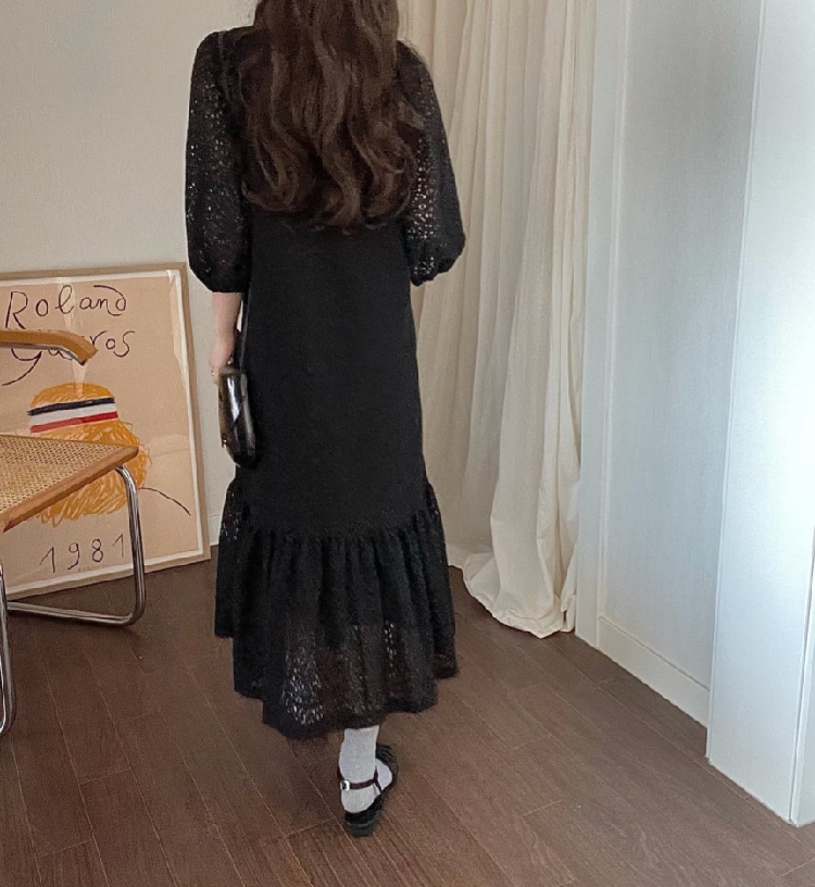 レース 服 レース透かし彫りワンピース体型カバーロング丈