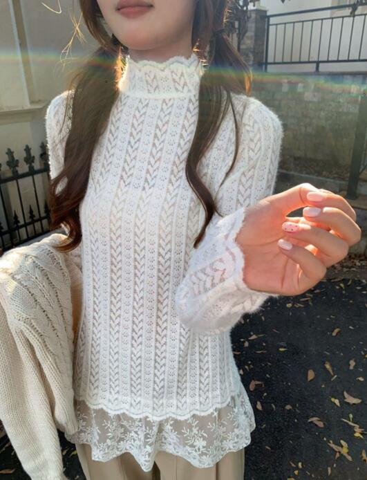 レース 服 秋冬レディース長袖ニット レース裾重ね着風トップス