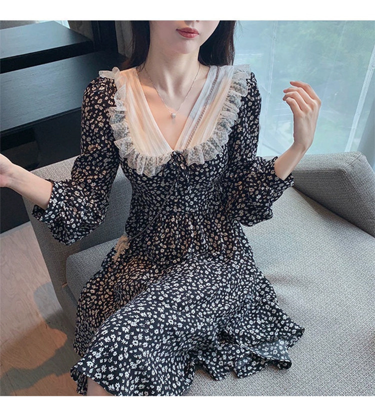 レース 服 レース襟花柄ワンピース 長袖シフォン風