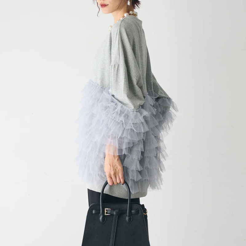レース 服 春新作 レース重ねフリル袖 体型カバー トップス レディース