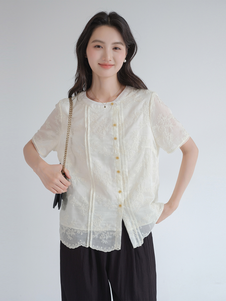 レース 服 花刺繍入り裾レース半袖ブラウス