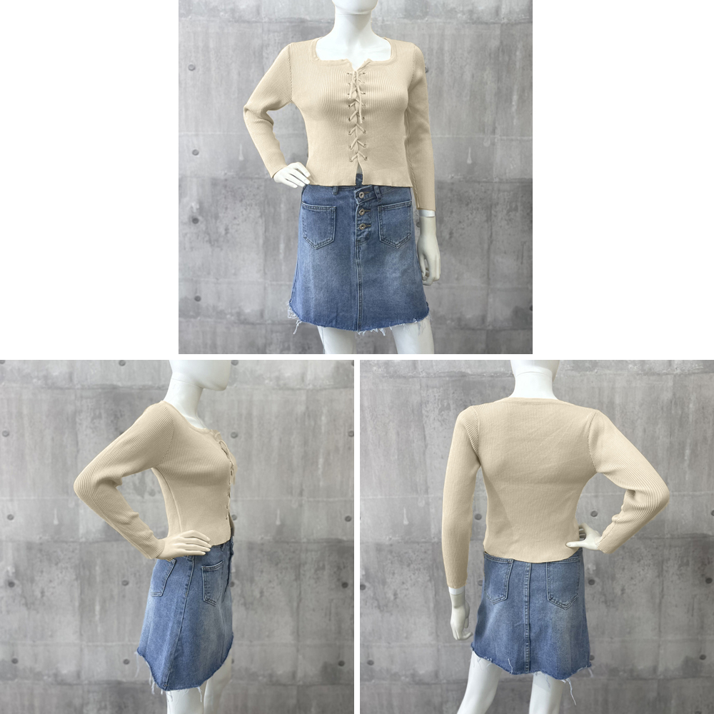 レース 服 リブ編みニット レースアップ 長袖トップス