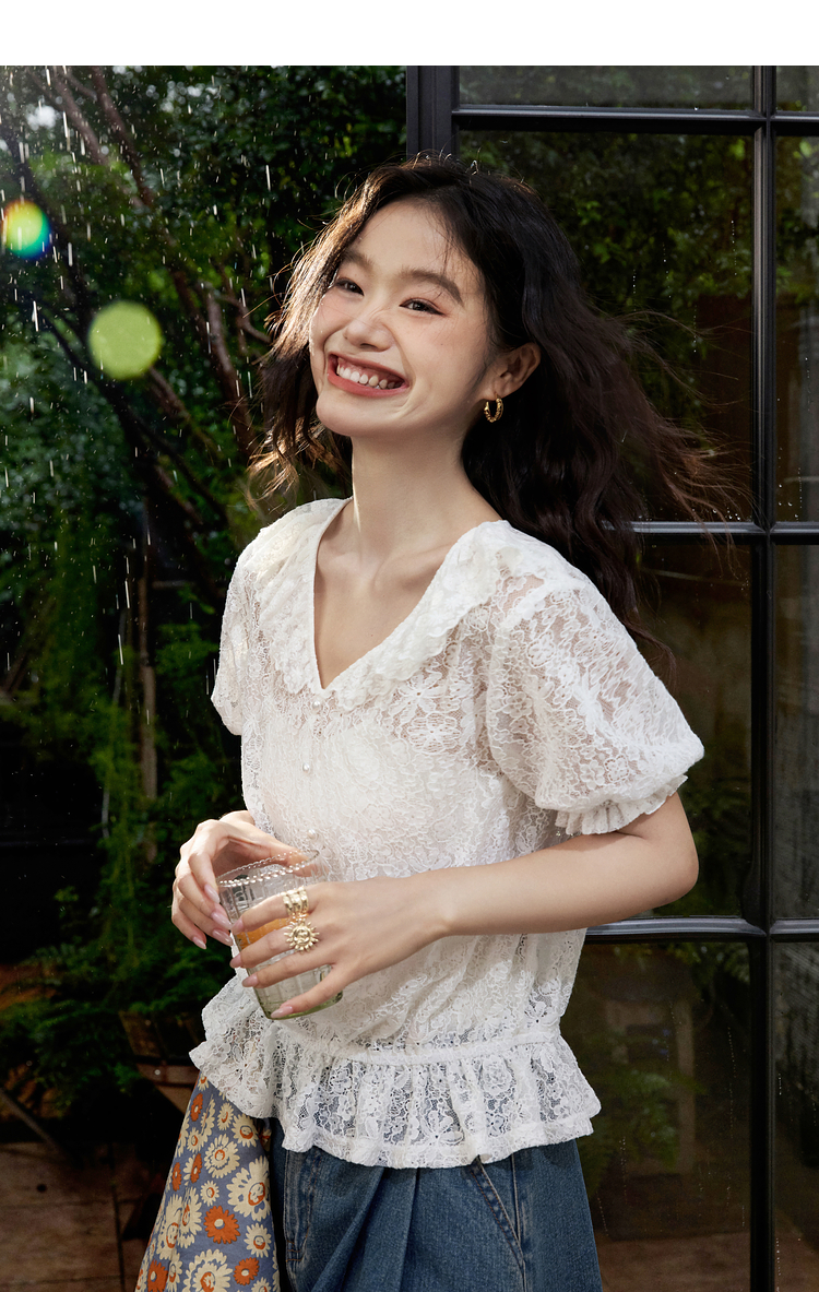 レース 服 透かし彫りフリルレースブラウス