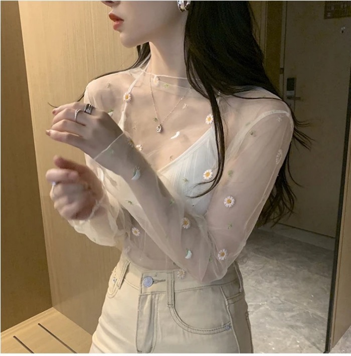 レース 服 春夏レディース刺繍レースタートルネック長袖トップス