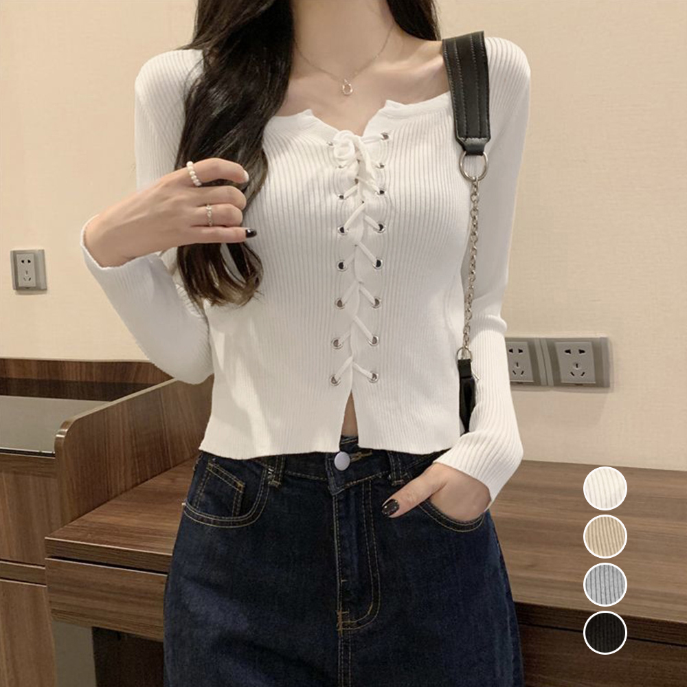 レース 服 リブ編みニット レースアップ 長袖トップス