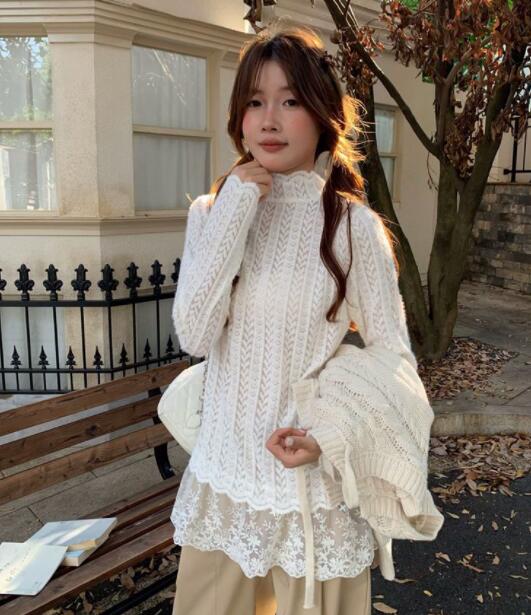 レース 服 秋冬レディース長袖ニット レース裾重ね着風トップス