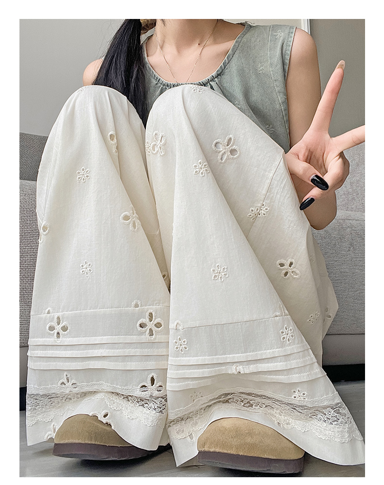 レース 服 花刺繍レース裾ワイドパンツ