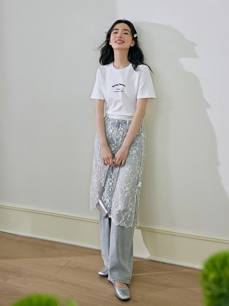 レース 服 花柄刺繍レースのスカートレイヤード