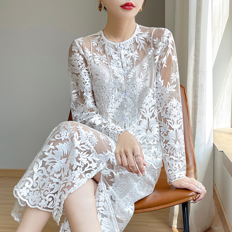 レース 服 花模様シースルーレースワンピース
