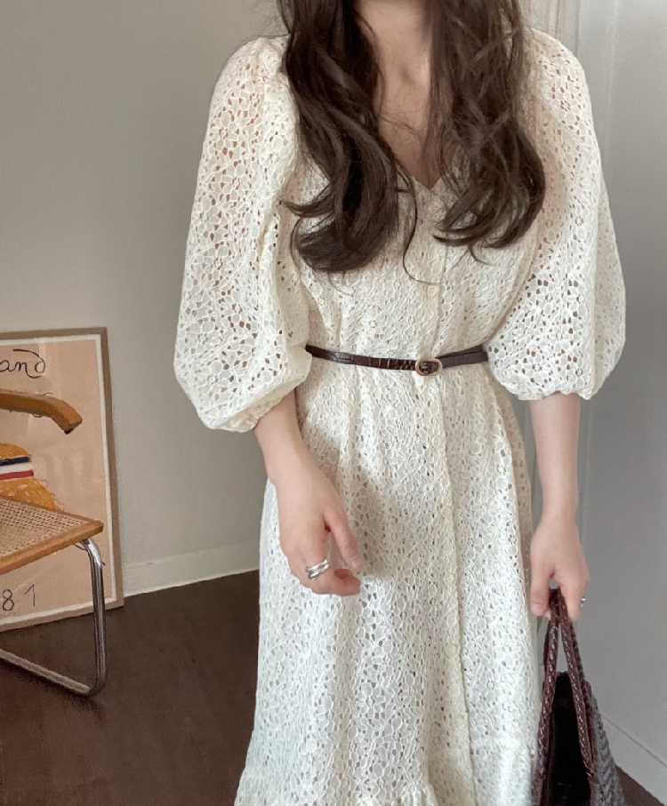 レース 服 レース透かし彫りワンピース体型カバーロング丈