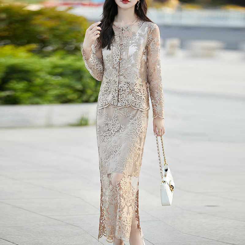 レース 服 花模様シースルーレースワンピース