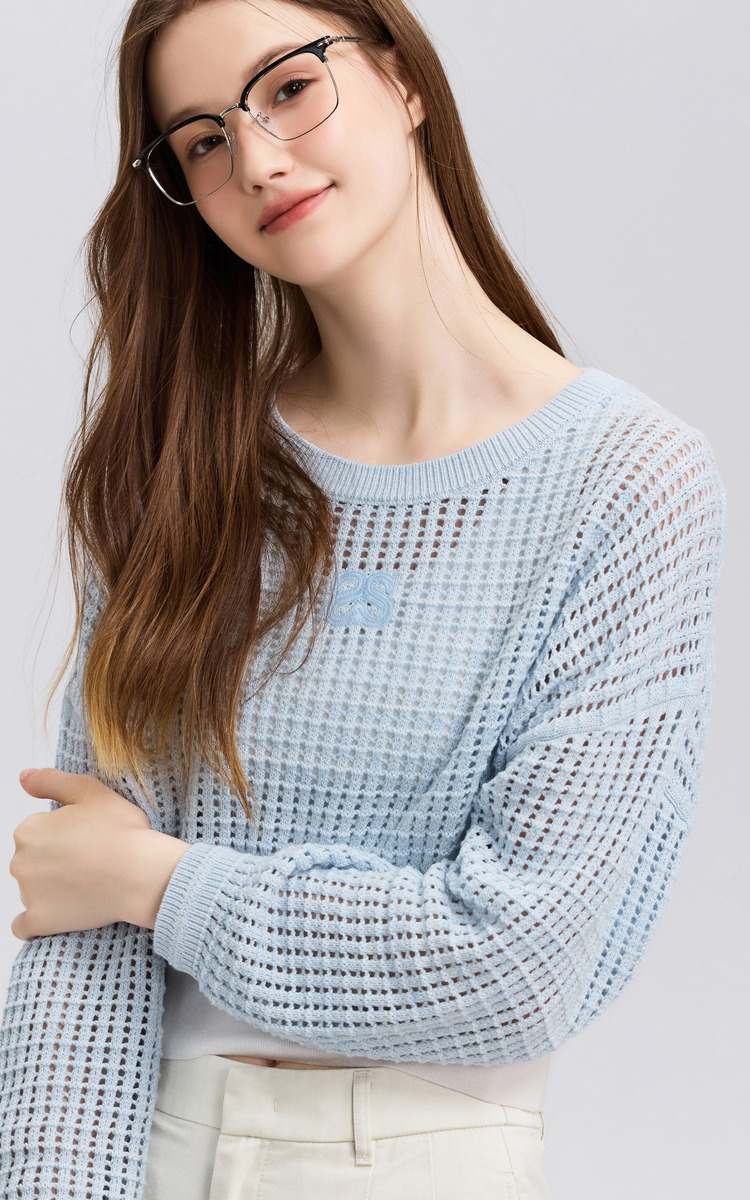 レース 服 透かし編みショート丈ニットトップス