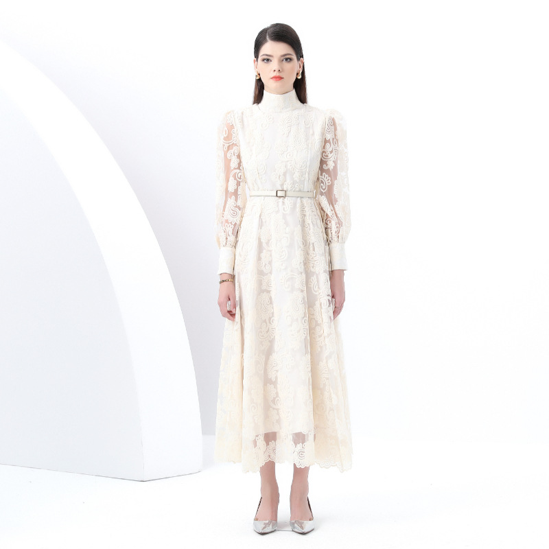 レース 服 高襟シアーレース長袖ワンピース