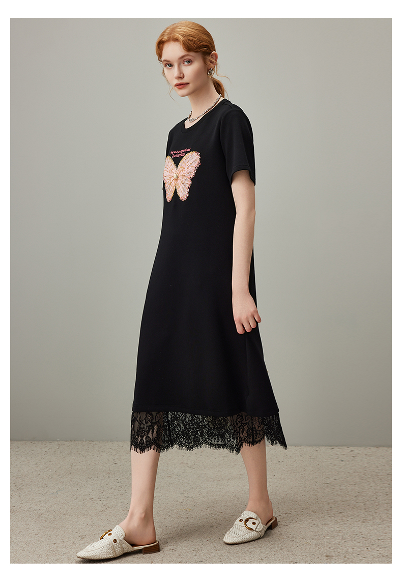 レース 服 蝶々刺繍レース裾ワンピース