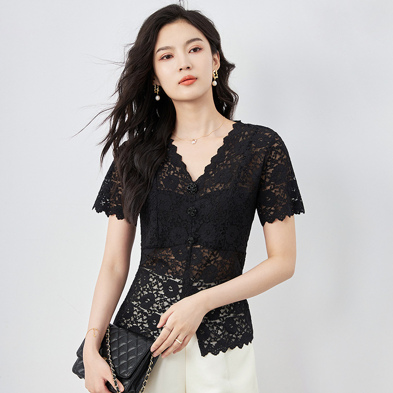 レース 服 花模様レース切り替えブラウス