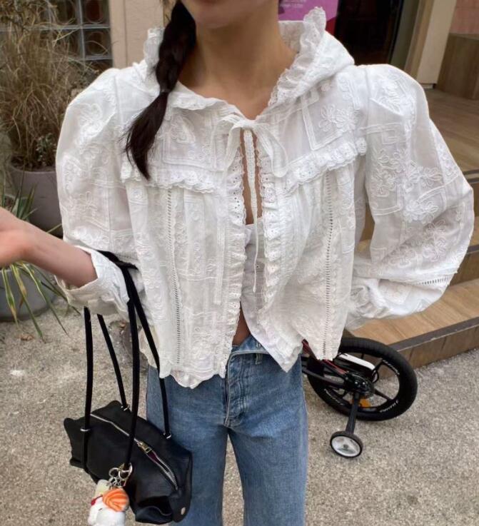 レース 服 秋冬レースフード付き長袖シャツ白色透け感トップス