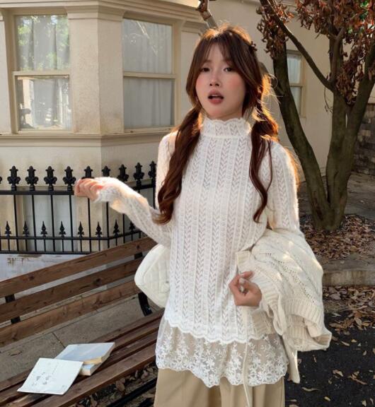 レース 服 秋冬レディース長袖ニット レース裾重ね着風トップス