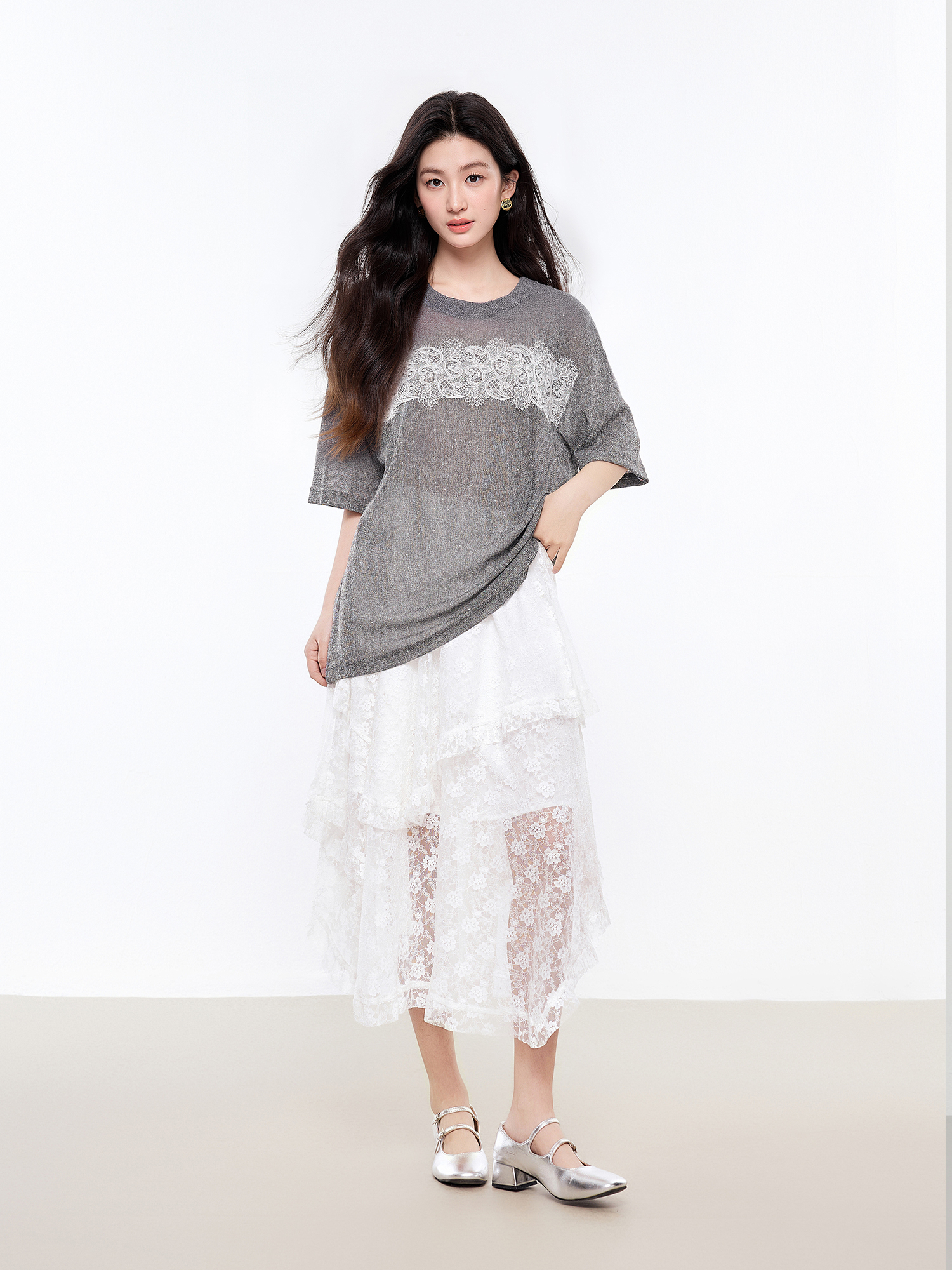 レース 服 花模様レース飾りゆったりトップス
