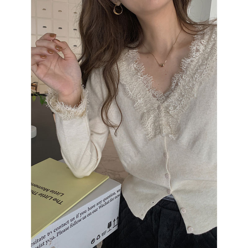 レース 服 レディース長袖レース襟ニットカーディガン 2色