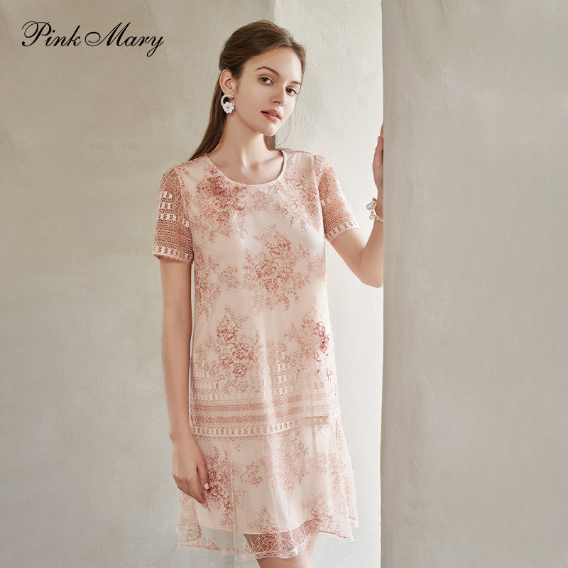 レース 服 花模様刺繍入り透かしレースワンピース