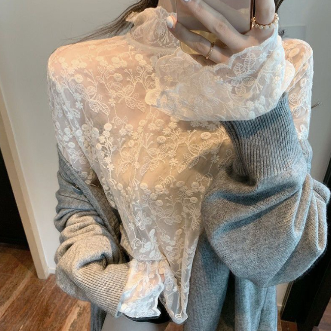 レース 服 二〇二五年新作 透け感レース ハイネック長袖ブラウス