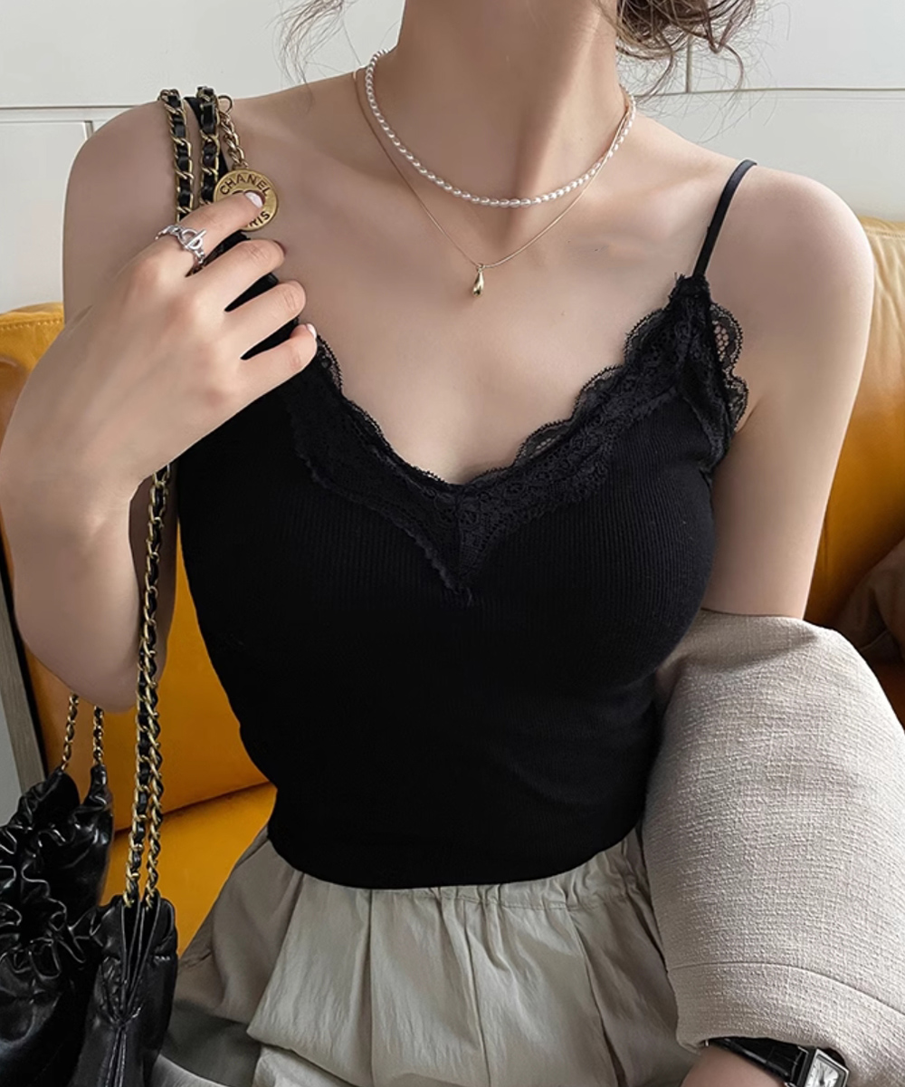 レース 服 レース装飾カップ付きキャミソール