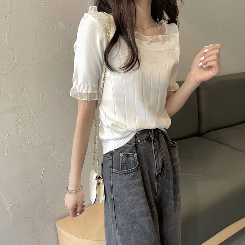 レース 服 フリル袖スクエアネック レース付きサマーニット