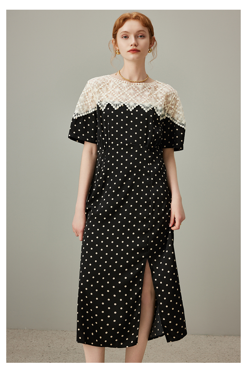 レース 服 レース切り替え水玉スリットワンピース