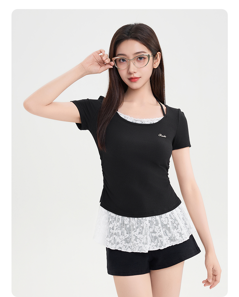 レース 服 レース裾フリル半袖リブトップス